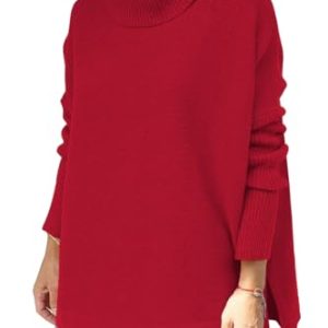 Women's Turtleneck Oversized Sweaters Long Batwing Sleeve Spilt Hem Tunic Pullover Knit Tops