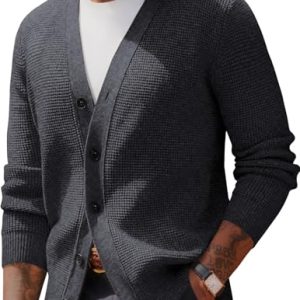 Mens Waffle Textured Cardigan Sweater Long Sleeve V-Neck Knitted Sweaters