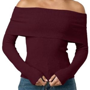 Womens Off The Shoulder Sweater Fall Long Sleeve Going Out Y2k Tops Winter Date Night Outfits