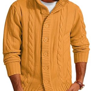 Men's Cardigan Sweaters Stand Collar Long Sleeve Cable Knit Button Down Sweater