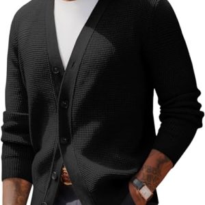 Mens Waffle Textured Cardigan Sweater Long Sleeve V-Neck Knitted Sweaters