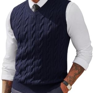 Men's Sweater Vests V Neck Cable Twist Knit Sleeveless Vests Casual Pullover Sweater