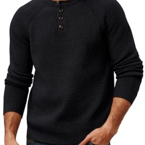 Mens Sweaters Casual Waffle Pullover Sweater Button Crewneck Textured Knit Henley Sweaters