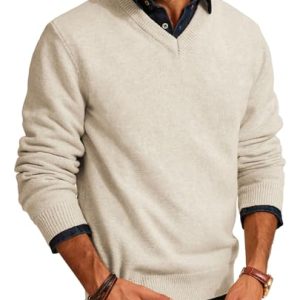 Mens V Neck Pullover Lightweight Wool Blend Long Sleeve Knit Sweater