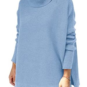 Women's Turtleneck Oversized Sweaters Long Batwing Sleeve Spilt Hem Tunic Pullover Knit Tops