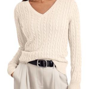 Women's Cable Knit V Neck Lightweight Soft Pullover Sweaters