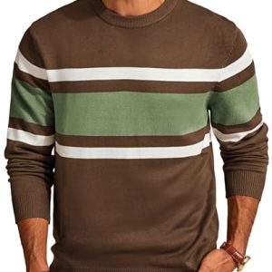 Mens Striped Pullover Sweater Crewneck Contrast Fine Knitted Sweaters