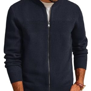 Mens Full Zip Cardigan Sweater Stand Collar Regular Fit Knit Sweaters
