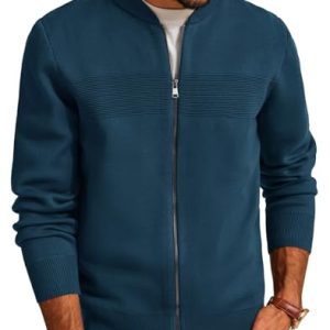 Mens Full Zip Cardigan Sweater Stand Collar Regular Fit Knit Sweaters