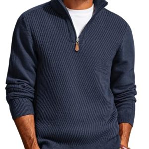Mens Quarter Zip Pullover Sweaters Casual Slim Fit Knit Texture Sweater