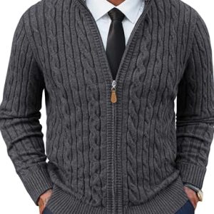 Mens Cardigan Sweater Full Zip Up Stand Collar Cardigans Long Sleeve Knitted Sweaters