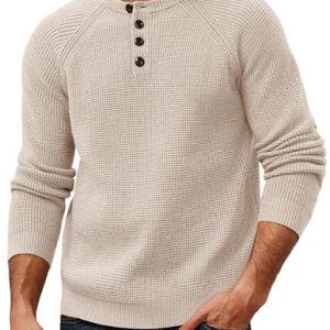Mens Sweaters Casual Waffle Pullover Sweater Button Crewneck Textured Knit Henley Sweaters