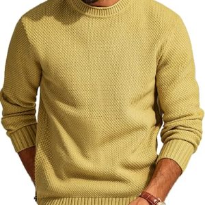 Mens Sweater Waffle Knit Crewneck Sweater Textured Long Sleeve Pullover