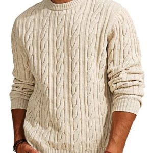 Mens Sweater Crewneck Cable Knit Pullover Sweater Casual Twist Textured Sweaters
