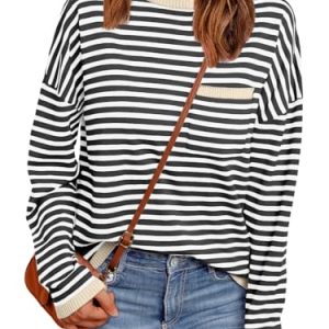 Womens Striped Soft Knit Pullover Sweater Loose Fit Shirts with Chest Pocket