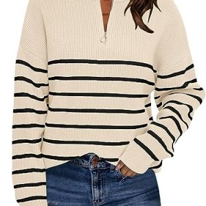Women's Quarter Zip Striped Oversized Sweater 2025 Mock Turtleneck Fall Fashion Outfit