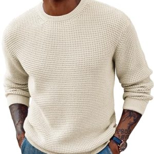 Mens Pullover Sweater Waffle Textured Long Sleeve Knitted Sweaters