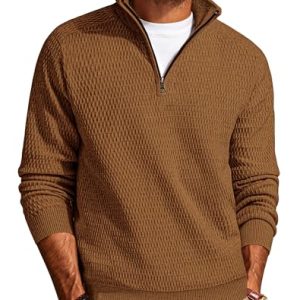 Men's Quarter Zip Sweaters Slim Fit Long Sleeve Casual Pullover Sweater Knit Textured Mock Neck Polo Sweaters